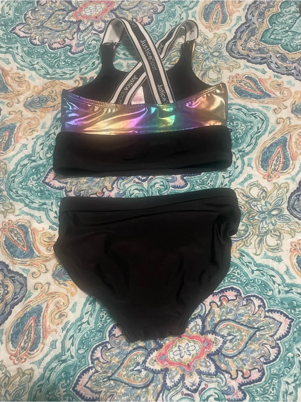 Justice Girls' Iridescent Rainbow & Black Two-Piece Swim Set